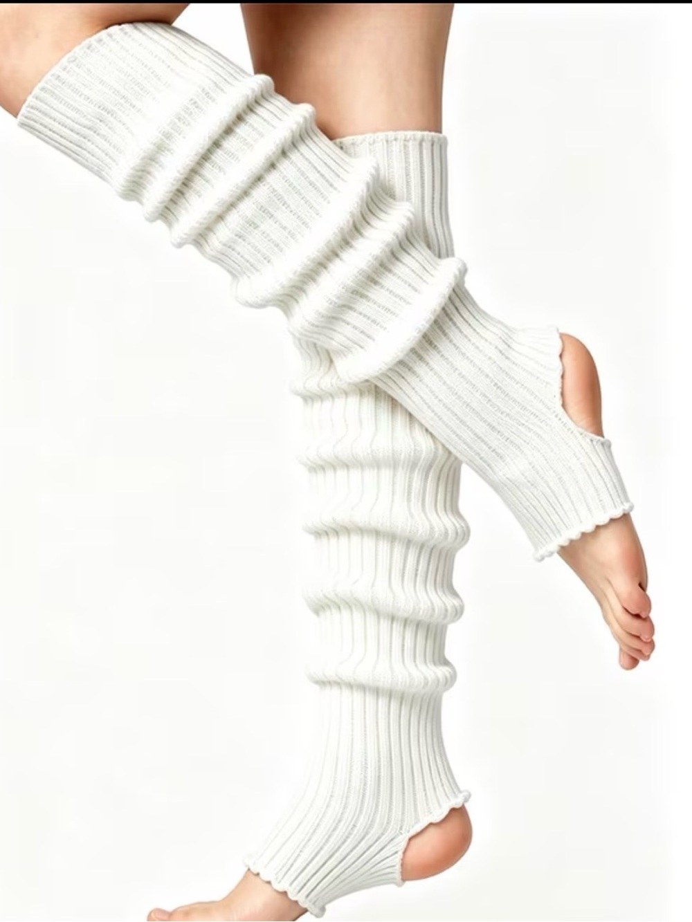 White Ribbed Stirrup Leg Warmers - Women's